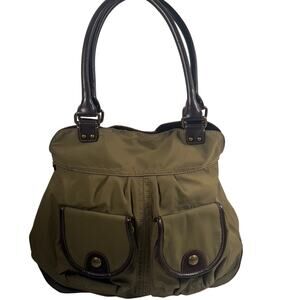 Franco Sarto Olive Green Nylon & Brown Trim Suede Tote Travel Vacation Bag Purse